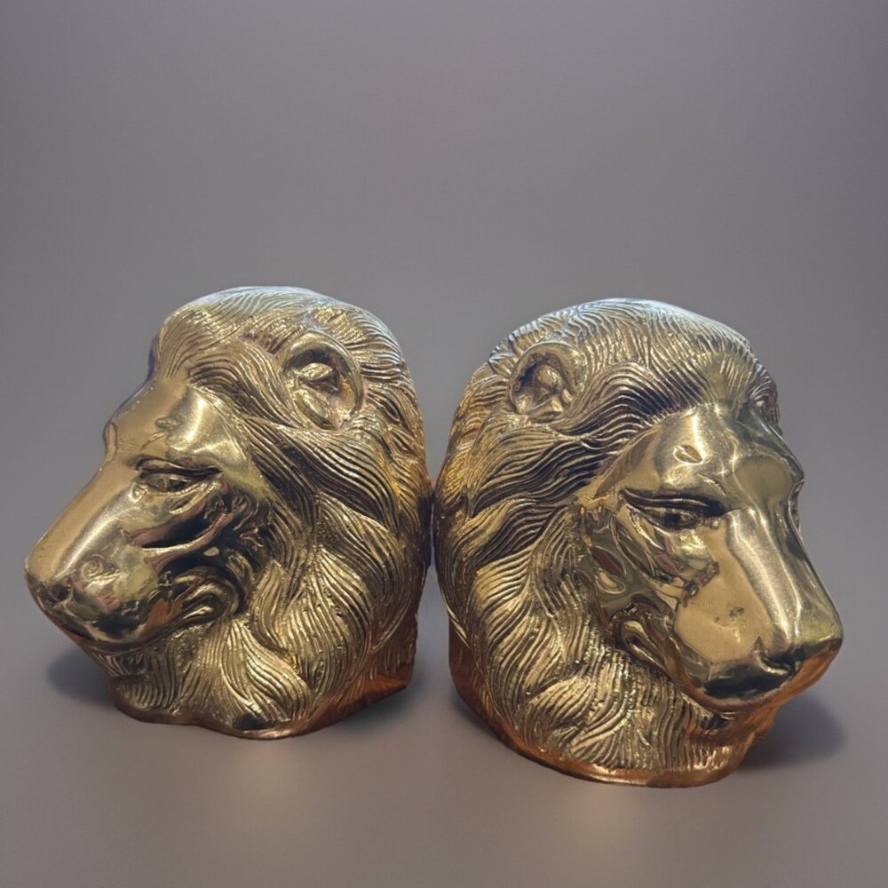 Vintage MCM Pair Solid Brass Lion Heads BOOKENDS Hollywood Reg ART Mid Century